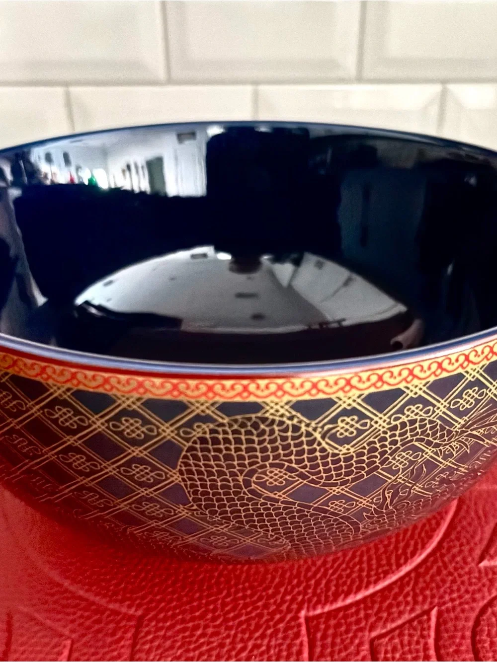 Williams Sonoma Chinese Lunar Blue and Gold Porcelain Dragon Bowl NEW